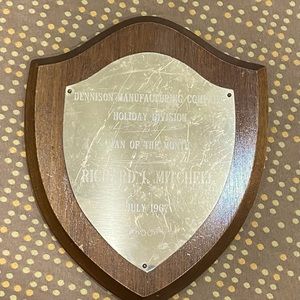 MAN OF THE MONTH 1967 DENNISON MANUFACTURING CO. Brass Wood Award Wall Plaque